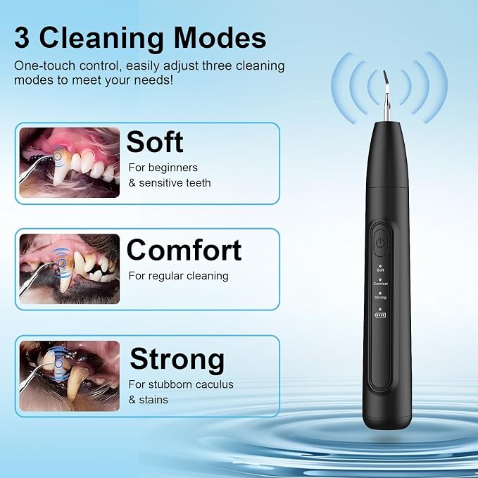 Ultrasonic Dog Plaque Remover Tool, 3 Modes Plaque and Tartar Remover for Dogs, Low Noise Sonic Dog Tartar Remover Plaque Remover with Toothbrush 2 Cleaning Head for Pet Dental Care, Black