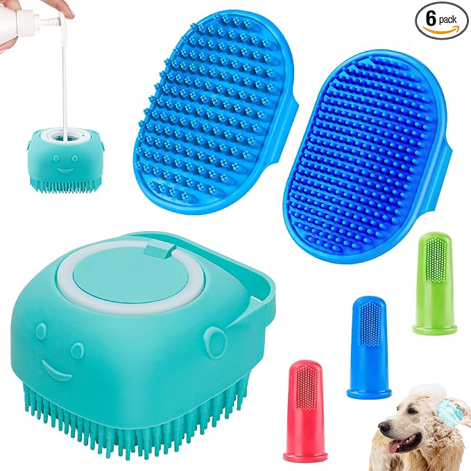 Comotech 6PCS Dog Bath Brush & Dog Toothbrush | Adjustable Handle Shampoo Brush & Scrubber for Short & Long Haired Dogs & Cats | Effectively Solve Odor & Stain Removal Problems (Blue Blue Blue.)
