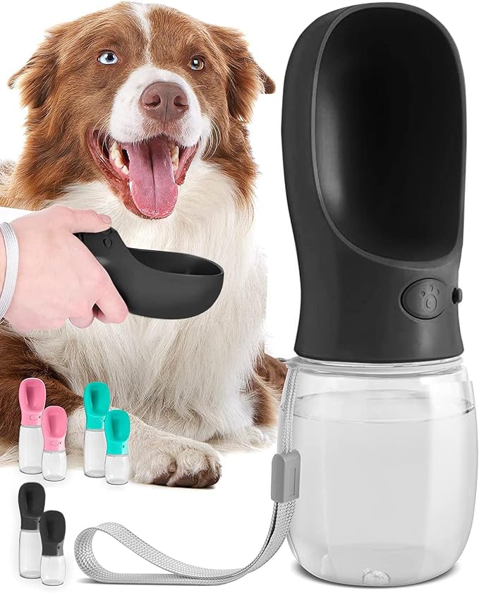MalsiPree Dog Water Bottle Dispenser - 12 oz Black, Leak-Proof | 12oz leak-proof bottle - one-hand use - built-in bowl - Use for dog walks, travel, hiking & beach days