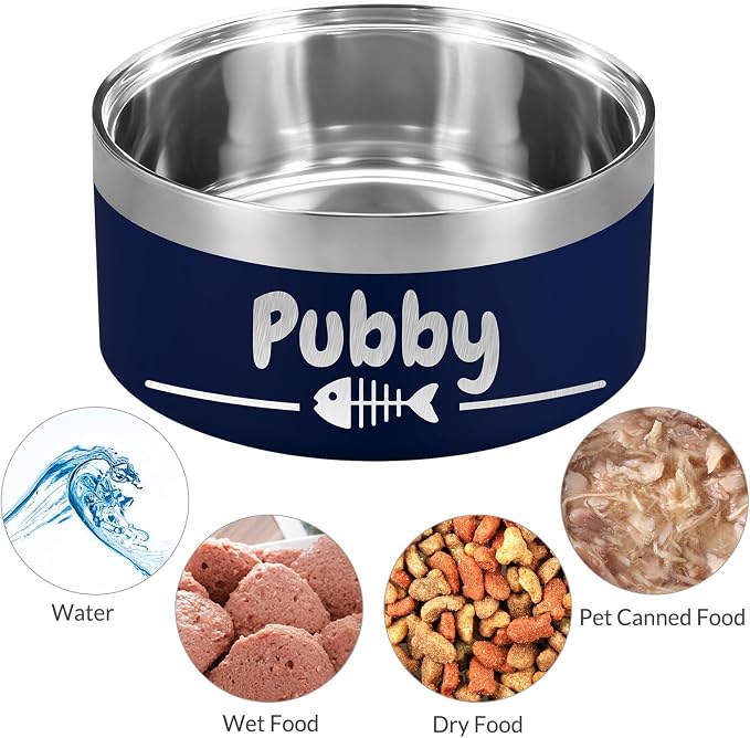 Personalized Dog Bowl Laser Engraved Custom Pet Name 18/32/42/64 oz No Slip Stainless Steel Insulated Bite-Resistant Food Water Dishes-Navy