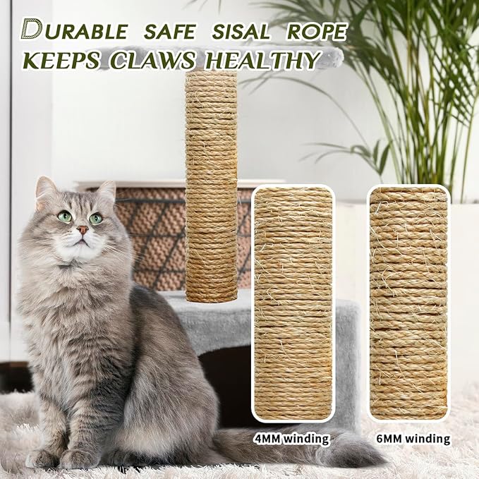 Natural Sisal Rope 1/4 Inch by 49-Feet for Cat Scratching Post Tree Tower Replacement Repair and Replace, DIY Hemp Twine Rope for Kittens Shelves Furniture Window Bed Perch Climbing, 6mm by 15m