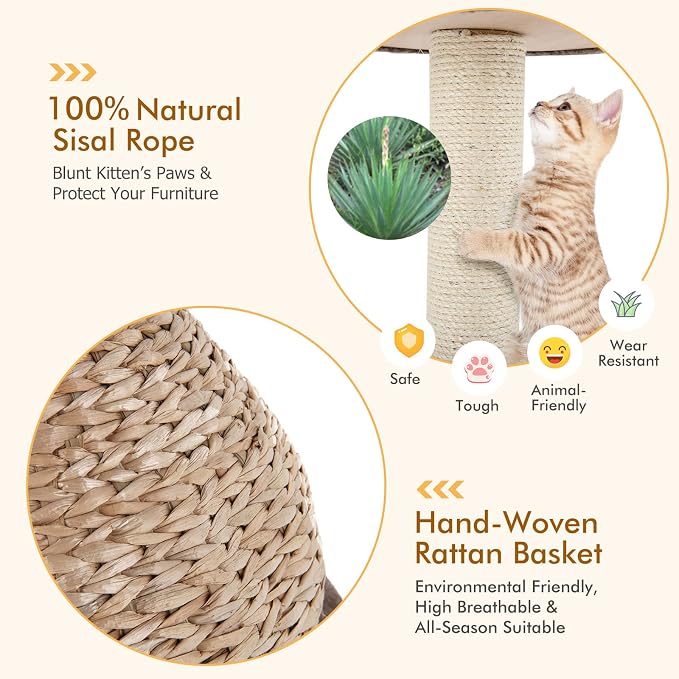 Modern Cat Tree Tower, Paper Rope Natural Bowl Shaped with Perch, Scratching Post, Rattan Cat Activity Tree for Kittens, 28" Tall