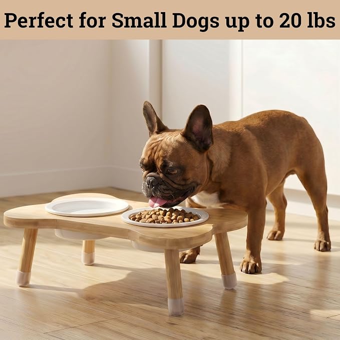 Elevated Dog Bowls for Small Dogs, Set of 2 Ceramic Dog Bowls with Stand | Screw-in Bamboo Legs, Pre-Drilled Holes, Anti-Slip Bamboo Stand, Easy to Assemble, Set of 2 Dog Bowls for Dogs up to 20 lbs