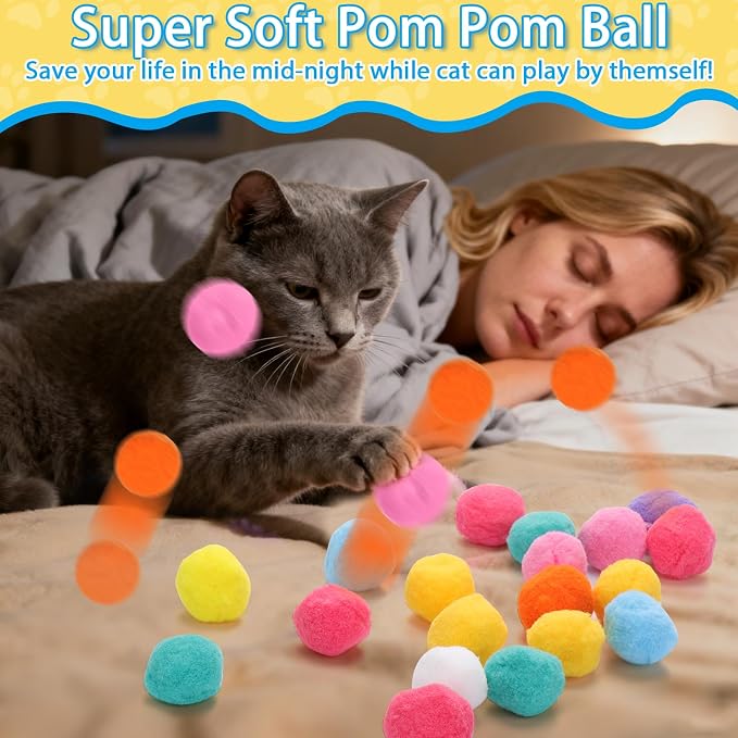 Mity rain 52PCS Cat Ball Launchers & Pom Pom Balls Interactive Cat Toy Set – Safe Soft Plush Kitten Toys for Indoor Cats, Fun Kitten Toys for Endless Active Play