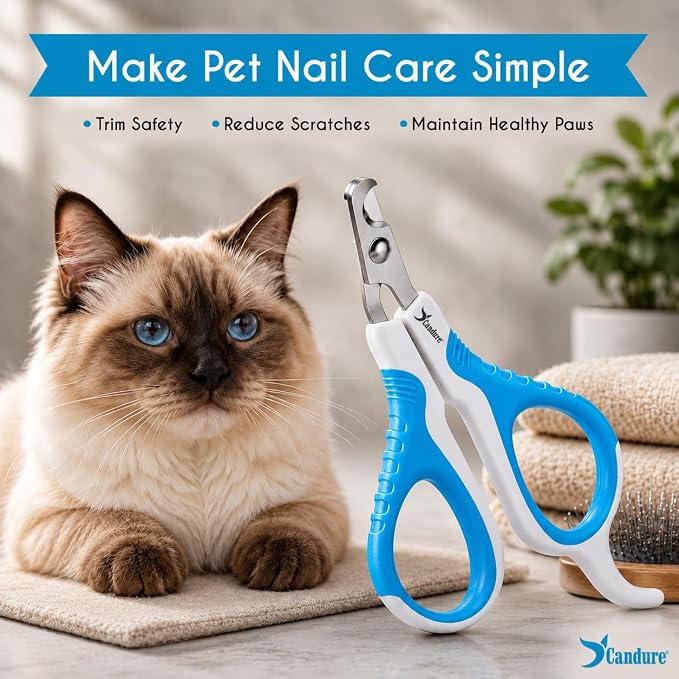 Candure Cat Nail Clipper Stainless Steel Cat Claw Trimmers for Rabbits, Guinea Pigs, Birds, Puppies, Kittens and Small Animals Pet Nail Clipper for Professional and Home Use 4" White & Blue