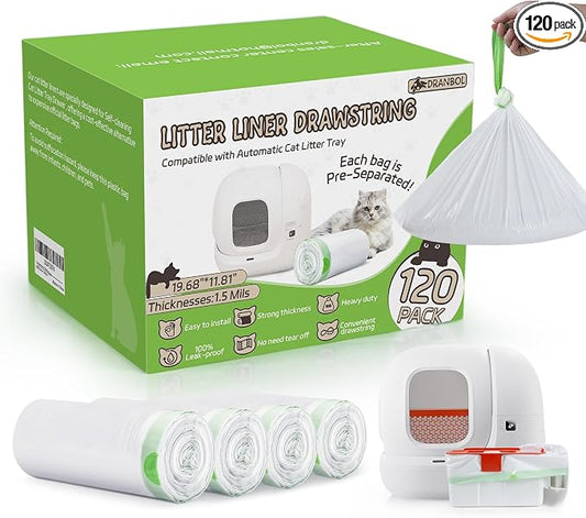 120 Pack 21.7" * 11.8" Cat Litter Bags for Pura Max 2 & Max & X, Extra Thick, Heavy Duty Drawstring Litter Box Liners, Leak-Proof Disposable Replaced Litter Bags for Self-Cleaning Cat Litter Box