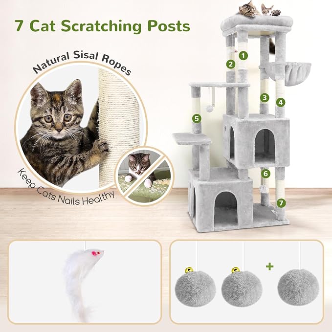 Globlazer Heavy Duty Cat Trees for Big Cats Maine Coon, F61, Cloud Grey | Cat Tower for Indoor Large Adult Cats with Scratching Post, Extra Large Top Perch, Cat Condos, 61inch