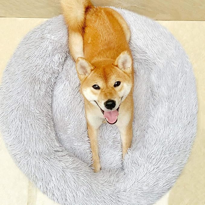 Faux Fur Dog Bed, Shag Round Anti-Anxiety Pet Calming Doughnut Cuddler for Medium Large Puppy Dog Cat Kennel Cushion - Self Warming (28'' D x 8" H, Light Grey)