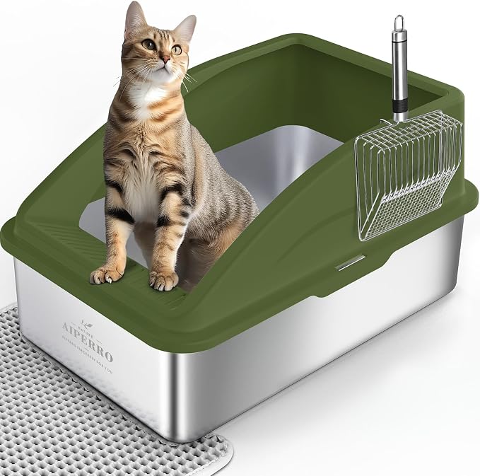 AIPERRO Stainless Steel Litter Box | XL Enclosed Metal Cat Litter Boxes | High Sided with Lid for Big Cats | Anti-Urine Leakage | Non-Stick Bottom & Includes Litter Mat & Metal Scoop (Olive Green)