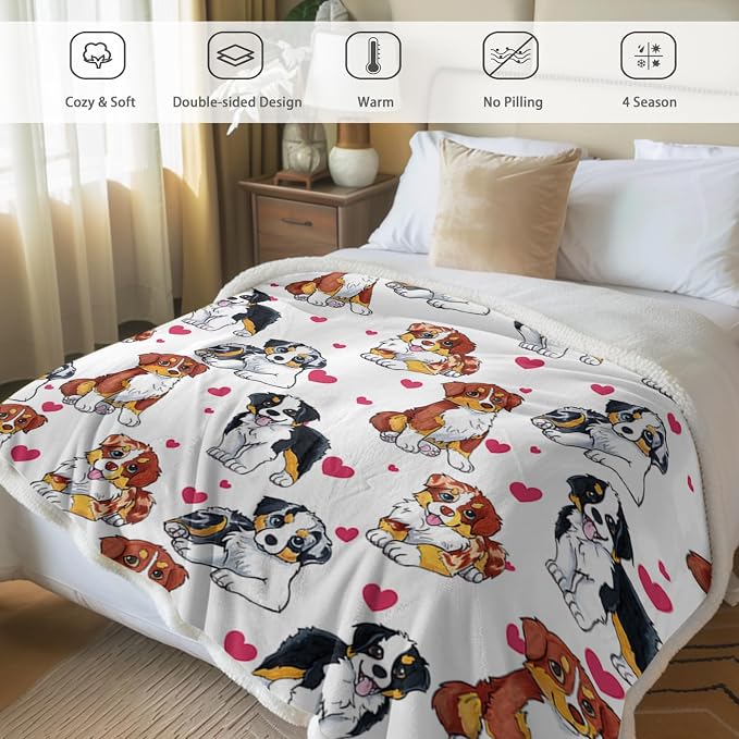 BlessLiving Red Hearts Dog Cat Print Plush Blanket Cute Puppy for Kids Adults 3D Animal Print Plush Blanket Gift for Pet Lovers (Australian Shepherd,Twin, 60 x 80 Inches)