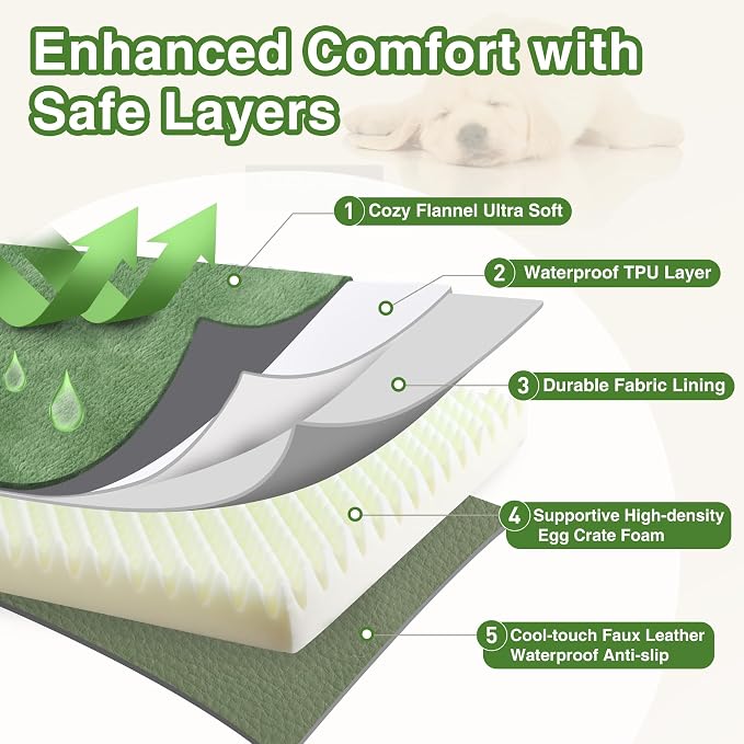 Outdoor Waterproof Dog Beds Large Sized Dog Washable, XL Leather Crate Pad 42 inch, Extra Large Orthopedic Foam Pet Bed with Removable Cover Reversible, Anti-Slip Kennel Pad, 41"x27", Green