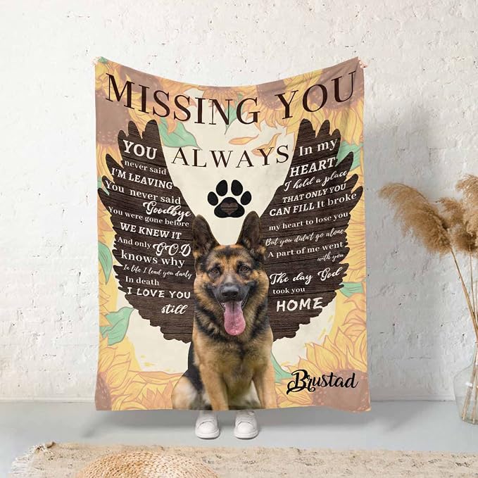 InterestPrint Personalized Loss of Pet Dog Throw Blankets Missing You Always Angle Wings Blanket Custom Memorial Dog Blankets with Beloved Photo Remembrance Blanket Gift 40X50 Inch