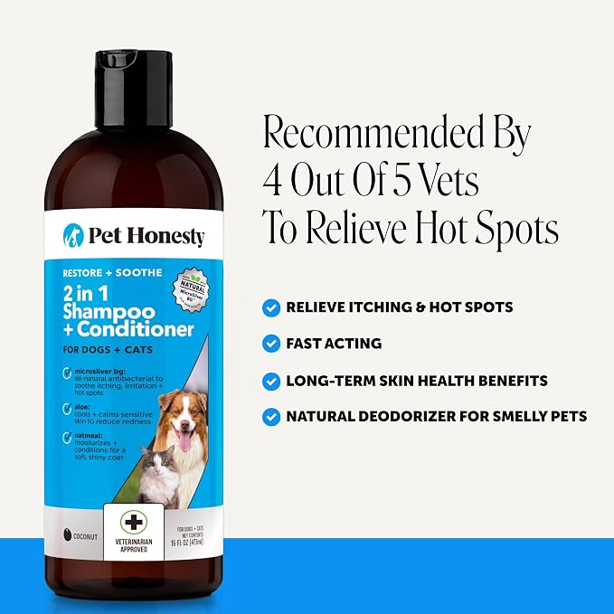 2 in 1 Dog Shampoo and Conditioner - Medicated Cat Shampoo for Itchy Skin Relief, Sensitive Skin Oatmeal Shampoo with Aloe Vera + MicroSilver BG for Hot Spot Treatment, Deodorizing Wash (16oz)