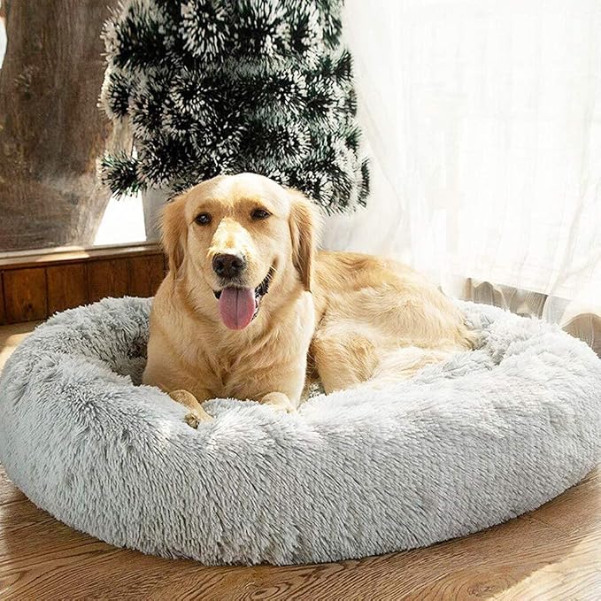 SAVFOX 36 inches Calming Donut Dog Bed - 3X Durable Plush Faux Fur, Machine Washable & Non-Slip, Fits up to 100 lbs, Light Grey