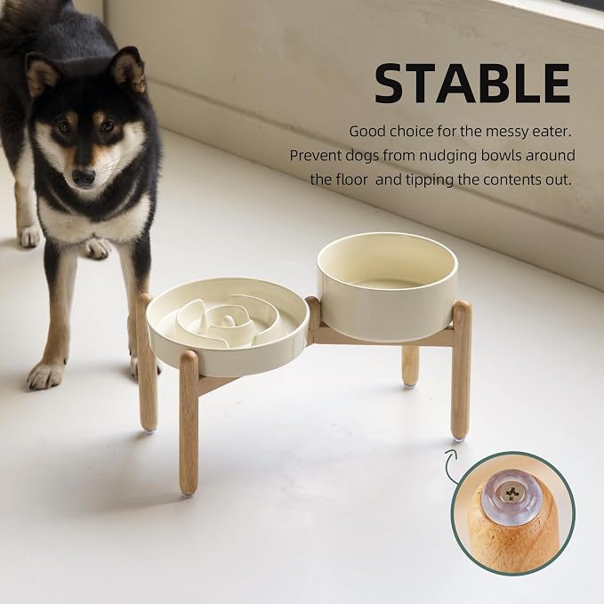 Havniva 8.2” Raised Slow Feeder Dog Bowls Set, 1.6 Cups Ceramic Slow Feeder Dog Bowl and 7.3” Dog Water Bowl with Elevated Wooden Stand Puzzle Dog Food Bowl for Medium Dogs Anti-Gulping & Anti-Choking