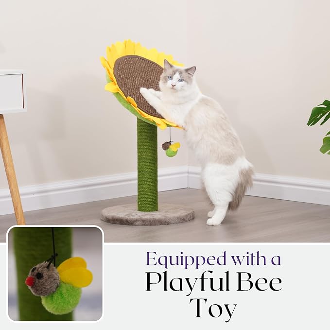 Catry Sunflower 2-in-1 Cat Scratching Post with Convertible Bed & Bee Toy | Aesthetic Sunflower Cat Scratcher with Replaceable sisal Post and Adjustable Flower Pad Ideal for Small to Medium Cats