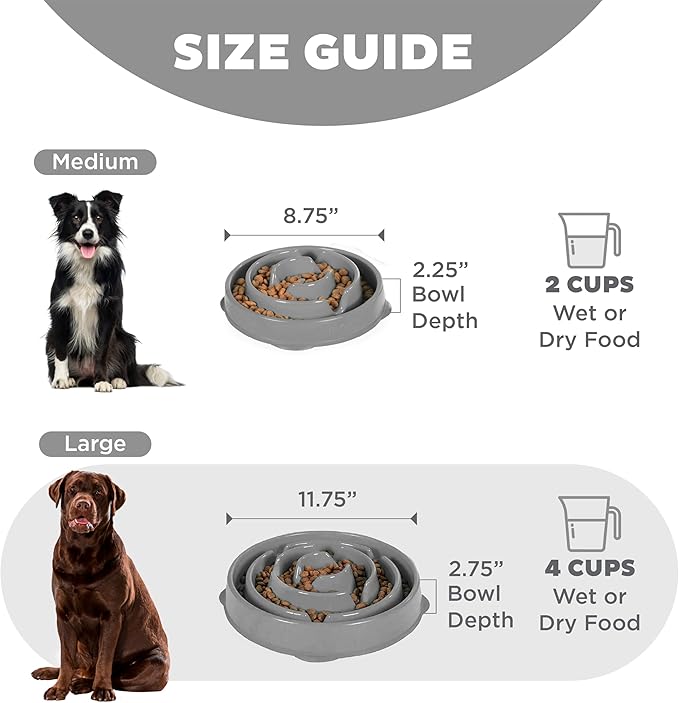 Outward Hound Fun Feeder Slo Bowl – Large 4‑Cup Capacity, Slow Feeding, Medium to Large Dogs, Non‑Slip, Gray, Drop Pattern, 11.75"
