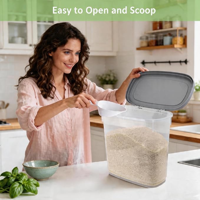 Rice Storage Container 15-20 Lbs, Tall Flour Bin Container with Scoop, Cup | Slim Dry Food Container Storage Bin for Cereal, Sugar, Beans, Pet, Dog, Cat Food, Kitchen and Pantry Storage Organization
