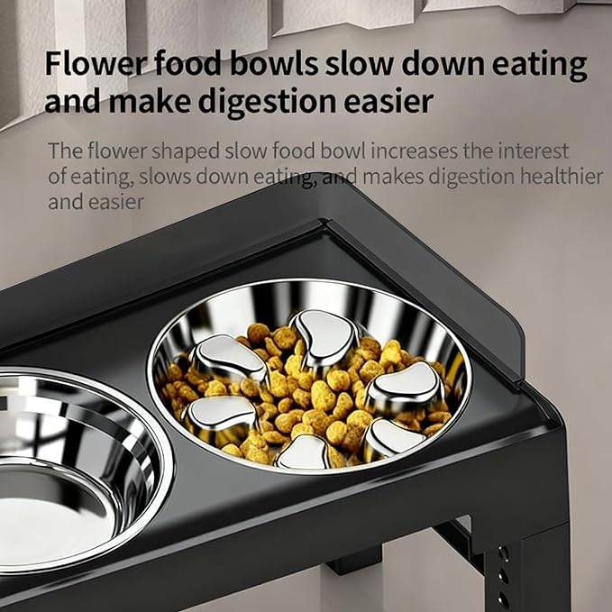 Elevated Dog Bowls with Stainless Steel Slow Feeder Bowl for Medium and Large Dogs, Spill-Proof Tiltable Dog Feeder with 2 Bowls, 6-Height Adjustable Raised Dog Bowl Stand