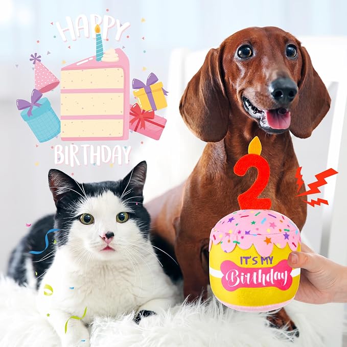 Dansydaisy Dog Birthday Cake Toy Squeaky Plush Toy for Girl Boy Gifts, Chew Accessories for Dog Birthday Party Decor Favor for Large, Medium and Small Dogs(2nd,Pink and Yellow)