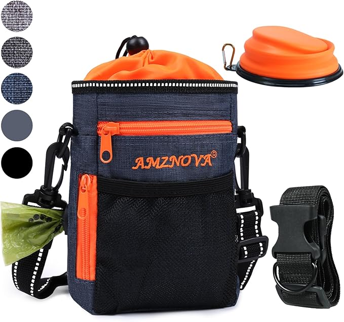 AMZNOVA Dog Treat Pouch Treatnow Dog Treat Bag, 6 Cups, Heather Navy | Training Pouch with Waist Belt & Clicker for Training & Walking, Waist Clip On Snack Fanny Pack for Pet