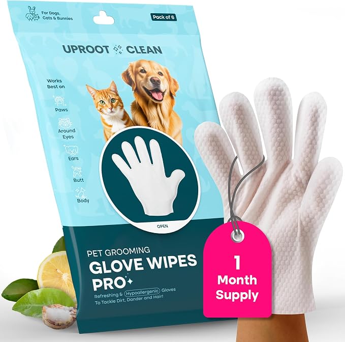 Uproot Clean Pet Grooming Gloves: Deodorizing & Grooming, 1-Month Supply | Extra-Thick Cat & Dog Wipe for Clean Paws, Eyes, Ears, Butt & Body, Lick-Safe. Mess-Free - Removing Tough Dirt, Odor, Oils