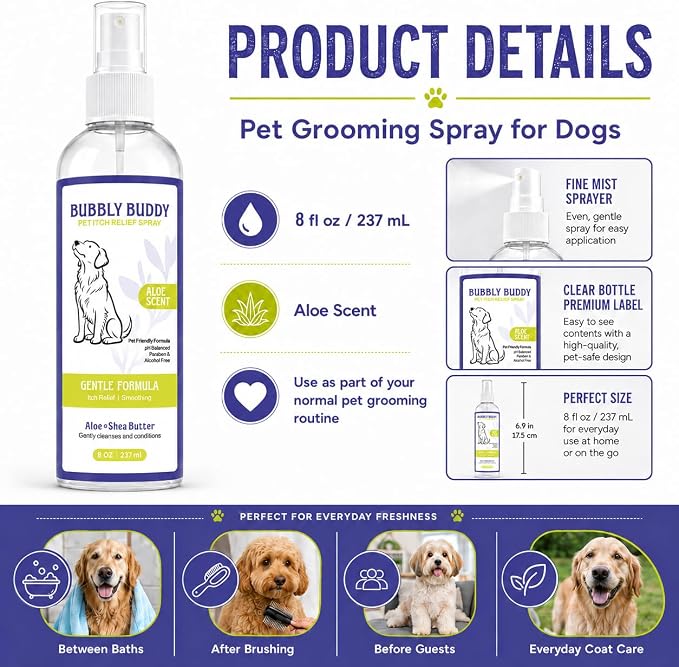 Pet Itch Relief Spray for Dogs, Aloe & Shea Butter Dog Coat Spray with Colloidal Oatmeal, Jojoba Oil & Vitamin E, pH Balanced Anti-Itch Coat Care, Aloe Scent, 8 fl oz