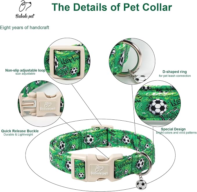 Soccer Dog Collar, Cute Boy Dog Collars for Small Dogs - Green Sports Themed Cotton Male Dogs Collar, Soft Adjustable Daily Pet Collars with Quick Release Buckle S