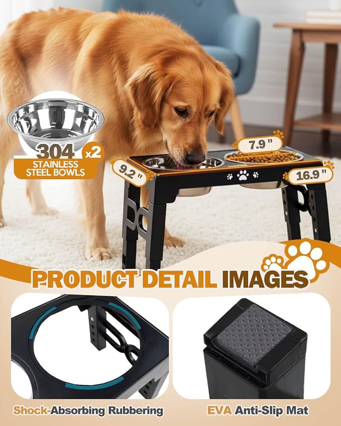Jovrun Elevated Dog Bowls for Medium Large Size Dogs, Non-Slip Dog Feeder with 2 Stainless Steel Dishes, 5 Heights Adjustable Raised Bowls to 3.15″-8.66″-9.84″-11.02″-12.2″