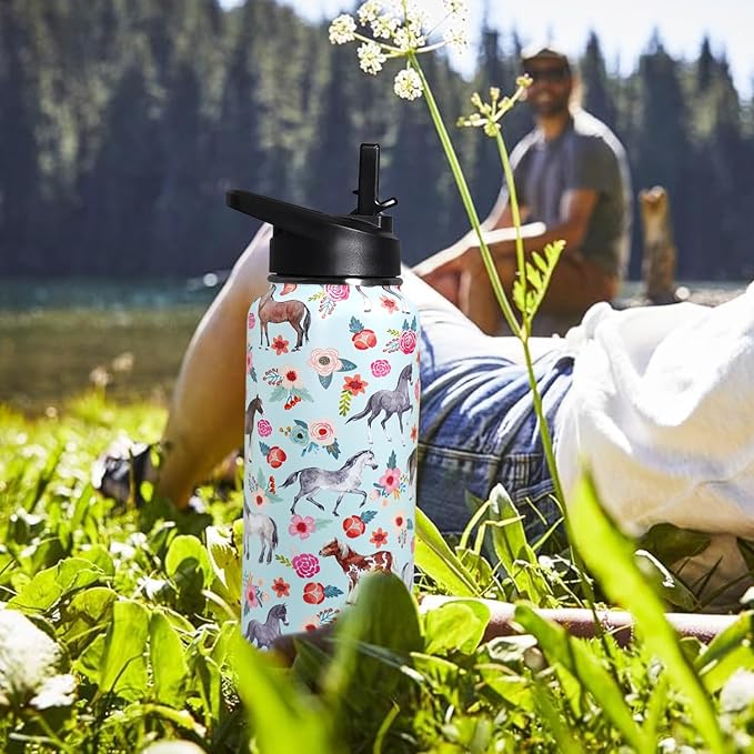 32oz Horse Stainless Insulated Aater Water Bottle with Straw,Horse Gym Hiking Sports Coffee Mug Cup Water Bottles,Horse Gifts for Women,Horse Decor Stuff Accessories