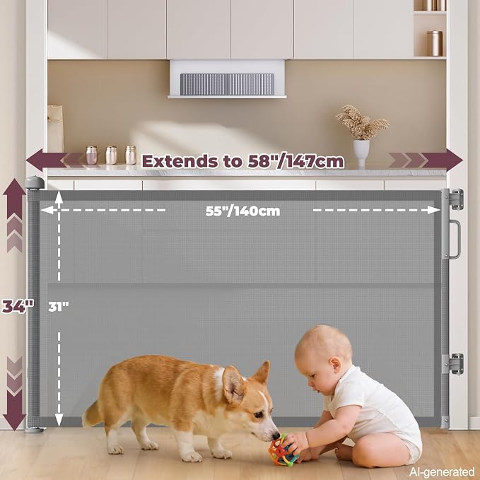 Retractable Baby Gates for Doorways, 58" Extra Wide Mesh Child Dog Gate for Stairs, 34" Tall Toddler Pet Gate Indoor and Outdoor, Easy Install, Home Necessity, Gray