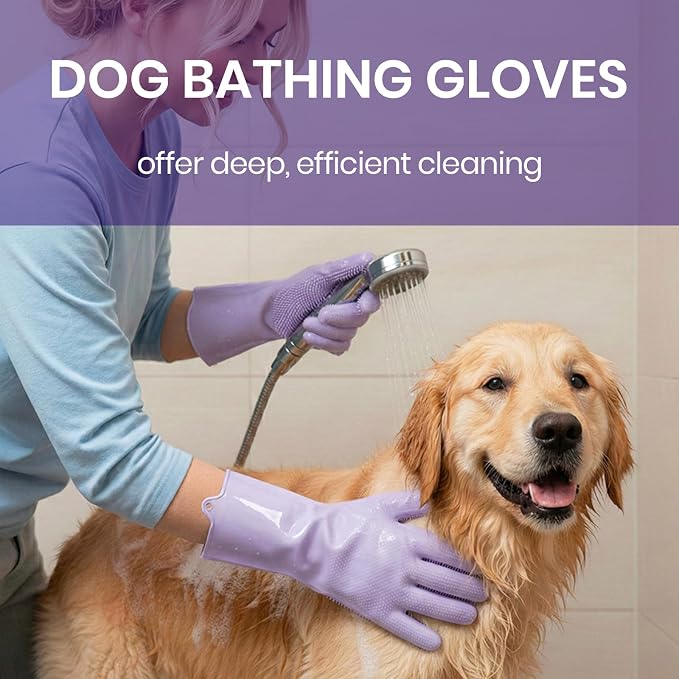 Silicone Pet Grooming Gloves Dog Washing Gloves for Bathing, 1 Pair Purple | 3000 Soft Silicone Bristles, 5-Finger Flexible, Gently Massages & Removes Fur, Non-Slip, Easy Clean, for Dogs/Cats/Horses