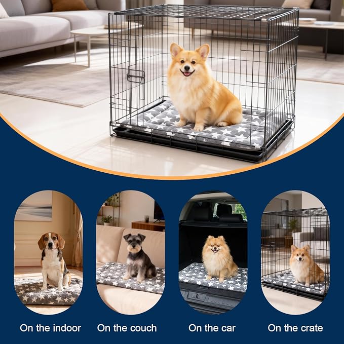 Washable Dog Bed Mat With Anti-Slip Bottom, Deluxe Plush Memory Foam Crate Pad & Waterproof Outdoor Kennel Mat For Dogs & Cats-Durable Crates Beds, Large Medium Small Puppy Size 24" x 18",Gray