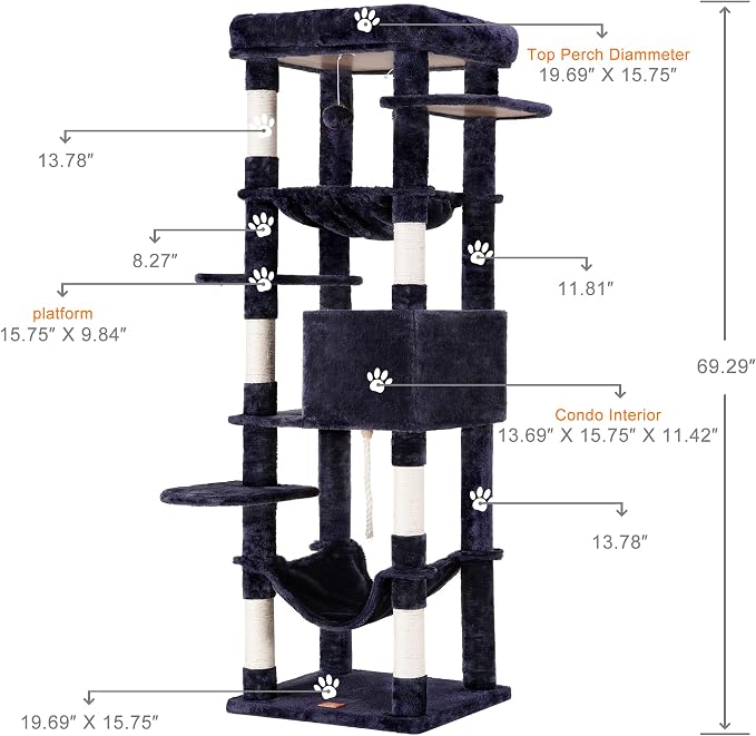 Heybly Cat Tree for Large Cats 20 lbs, 69 inches Cat Tower HCT031G | Heavy Duty Cat Condo for Indoor Cats, Multi-Level Furniture with Big Padded Plush Perch, Cozy Basket, Smoky Gray