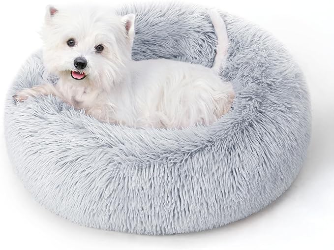 Calming Round Dog Bed & Cat Bed for Indoor Cats, Medium Size Washable Anti-Slip Anti-Anxiety Donut Dog Beds for Small Dogs & Cats, Fluffy Plush Soft Dog Bed(20 Inch, Light Grey)