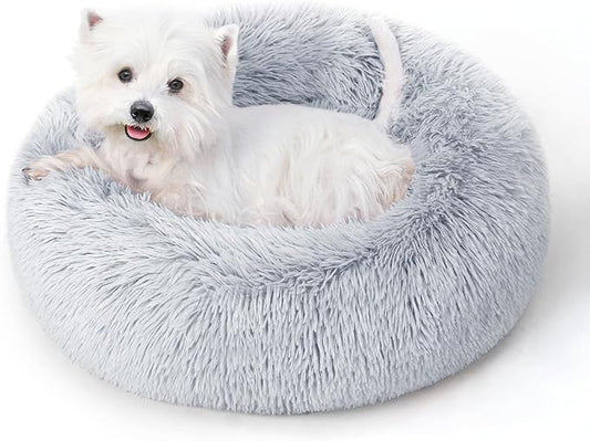 Calming Round Dog Bed & Cat Bed for Indoor Cats, Medium Size Washable Anti-Slip Anti-Anxiety Donut Dog Beds for Small Dogs & Cats, Fluffy Plush Soft Dog Bed(20 Inch, Light Grey)