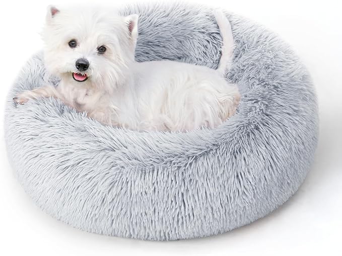 Calming Round Dog Bed & Cat Bed with Anti-Slip Bottom, Medium Size Washable Anti-Anxiety Donut Dog Beds for Medium & Large Dogs, Fluffy Plush Soft Dog Bed(30 Inch, Light Grey)