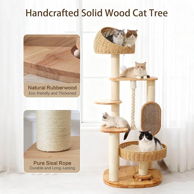 50 in Wooden Cat Tree for Indoor Cat, Large Cat Tower | Multi-Level Cat Condo,Modern Tall Design, with Scratching Post, with Hand-Woven Cat Bed, for Medium Size Cat, Easy to Clean