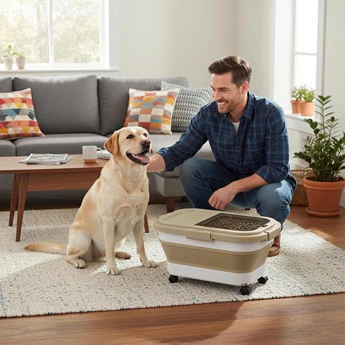 Summark Ca15 Lbs Dog/Cat Food Storage Container,Collapsible Food Storage Containers with Rolling Wheel Airtight Locking Lid,Pet Food Storage Container with Cup and Scoop,Khaki