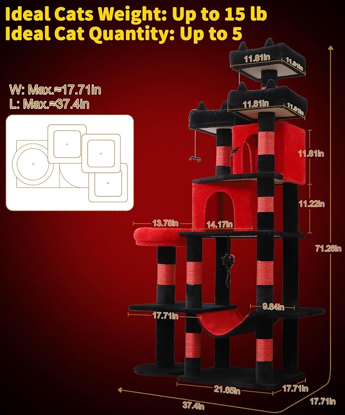Gothic Cat Tree, 71 Inch Heavy Duty Cat Trees for Large Cats | Tall Cat Tree Tower with Extended Base, 2 Condos, 3 Perches, 9 Sisal Posts & Hammock for Indoor Adult Cats, Black Red