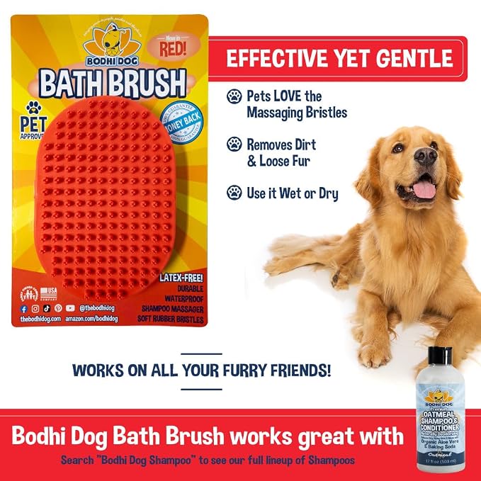 Bodhi Dog Shampoo Brush - Pet Grooming & Bath Supplies for Dogs and Cats - Bath Brush for Long & Short Hair - Premium Scrubber for Shower, Showerhead, Sprayer & Bathing (One Pack, Red)