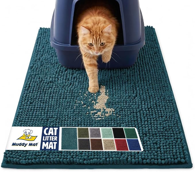Muddy Mat® | XL Cat Litter Mat 48"x60", Litter Trapping Mat, Super Absorbent Scatter Control, Soft on Paws, Slip Resistant Washable Litter Mat, Traps Litter, Protects Floors, Atlantic Blue