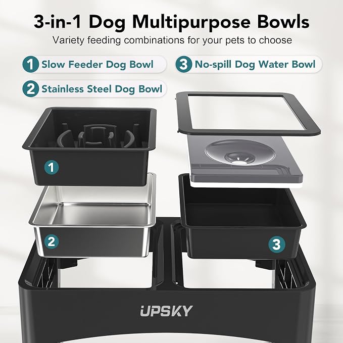 UPSKY 3-in-1 Elevated Dog Bowls Set with 4 Height Adjustable Stand, Balck | 304 Stainless Steel Bowl, No Spill Water Bowl, Slow Food Bowl, Anti-Slip, Dishwasher Safe, Suitable for Small Medium Dogs