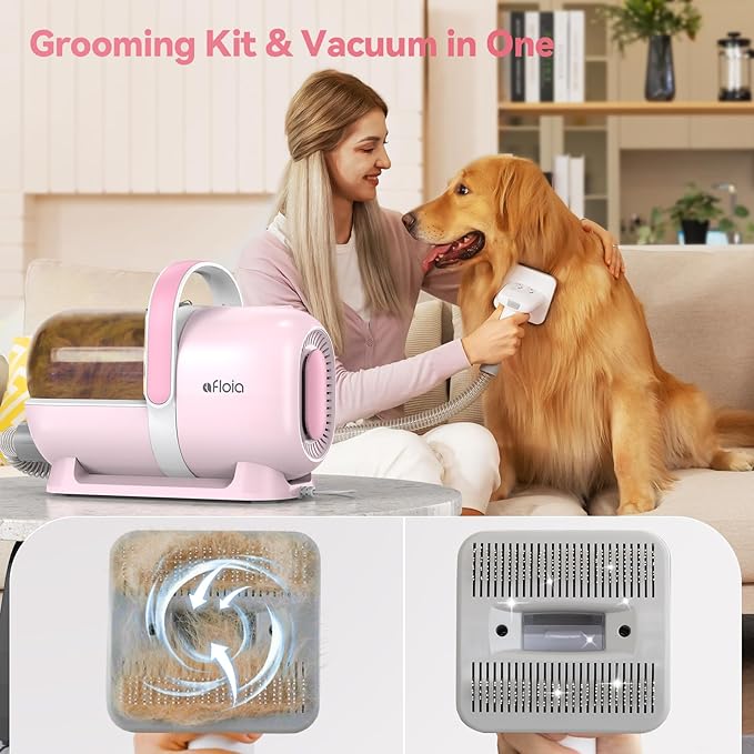 Afloia 6-in-1 Dog Grooming Kit, Pet Grooming Vacuum for Shedding, Dog Hair Vacuum with Clipper Nail Trimmer Grinder, Pet Brush Groomer at Home, Low Noise Cats Hair Remover, 1.5L Dust Cup, Pink | All-in-one grooming covers brushing, clipping, trimming a...