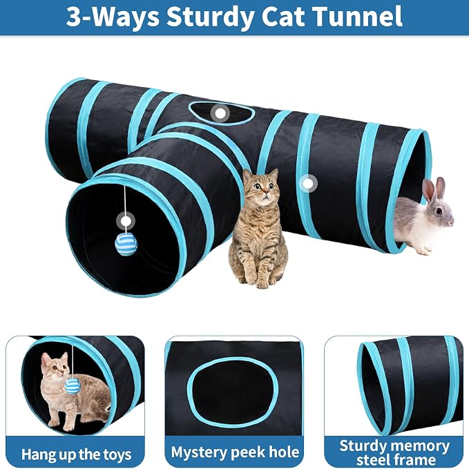 Malier Collapsible Cat Tunnels & Toys Set, Interactive Kitty Toys - Kitten & Cat - Feathers, Mouse, Crinkle Balls, 3-Way Tube Tunnel for Indoor Play