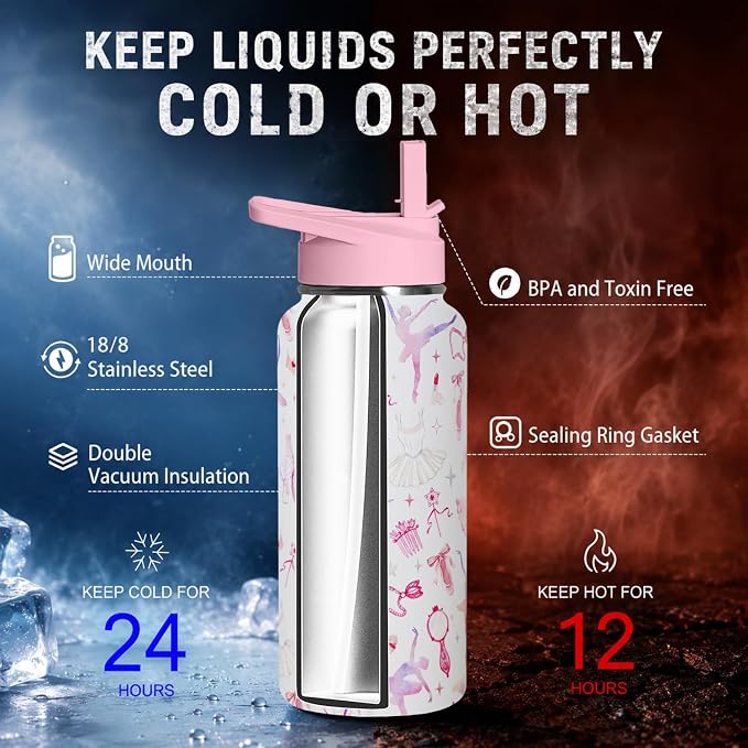 32oz Ballet Stainless Steel Insulated Water Bottle with Straw, Dance Themed Sports Coffee Travel Mug, Ballet Gifts for Women Girls Dancer Dance Decor Accessories