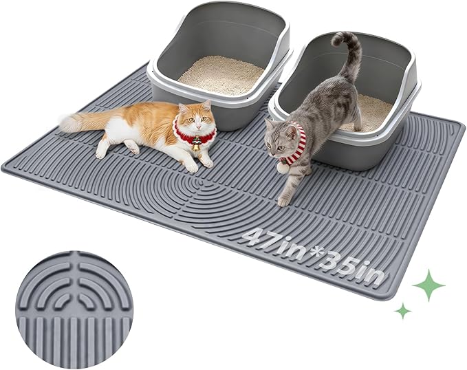 Pawtasy Cat Litter Mat,47" x 35" Extra Large Silicone Waterproof Litter Trapping Mat for Scatter Control Soft on Kitty Paws Non-Slip Easy to Clean