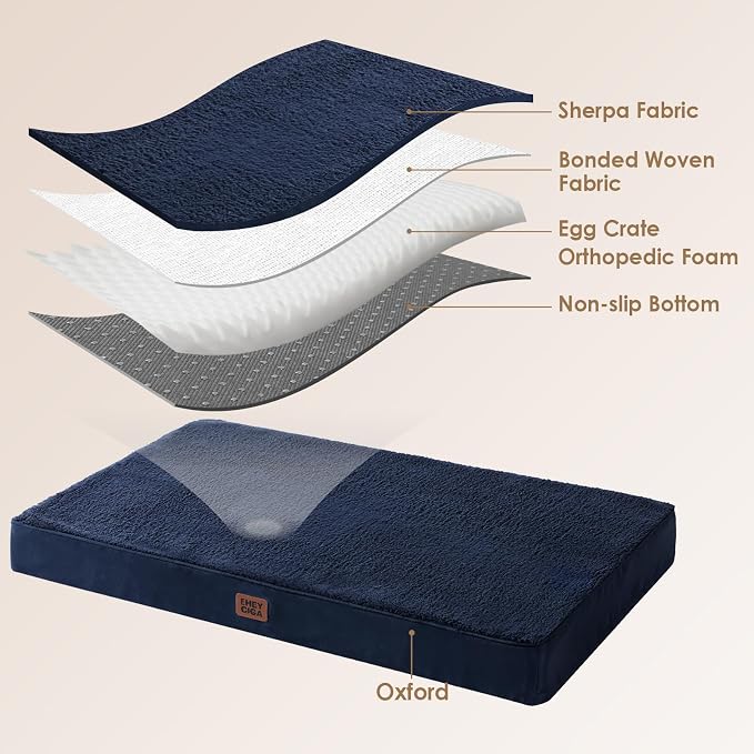 EHEYCIGA Orthopedic Dog Bed Large with Removable Washable Cover, 35IN Navy | Egg Crate Foam Support, Durable Oxford fabric, Non-Slip Bottom, Machine Washable, Soft Waterproof Plush Pet Bed Mat For Crate