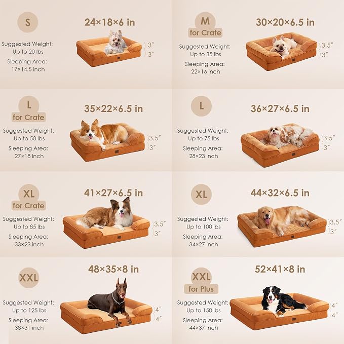 EHEYCIGA Orthopedic Dog Beds for Large Dogs, Waterproof Memory Foam Large Dog Bed with Sides, Non-Slip Bottom and Egg-Crate Foam Pet Couch Bed with Washable Removable Cover,Pumpkin Orange