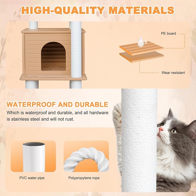 63in Outdoor Large Cat Tower,Weatherproof Multi-Level Design with Cat Condo | Khaki Heavy-Duty Cat Tree with Waterproof PE Panels,Durable Cat Scratching Posts,for Indoor and Outdoor Cat Houses CTT-6